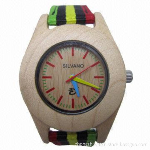 Rainbow Fashion Watch with Natural Beige Maple Case, Nylon Band, Japan Mov, Custom Designs Welcome